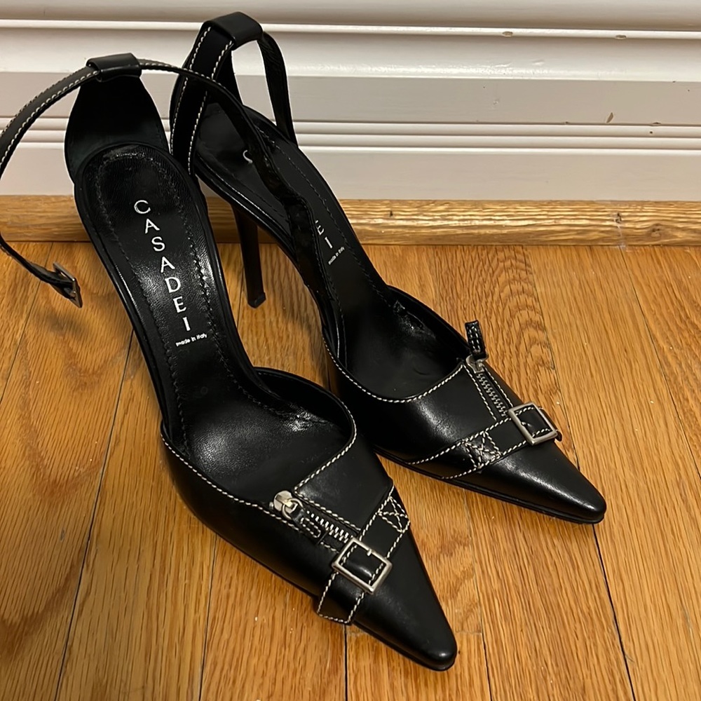 Italian leather pointed toe, ankle strap black leather heels
